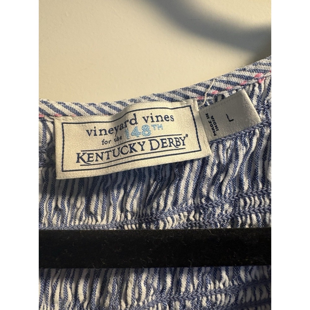 Vineyard Vines Dress Large Blue Seersucker Kentucky Derby Smocked Midi Tiered - Picture 2 of 5